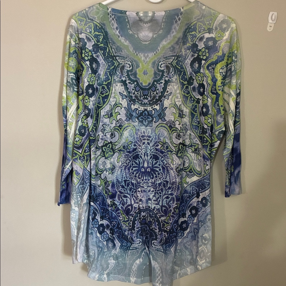ONE WORLD Blue and Green Paisley Long Sleeve Top - Picture 2 of 2